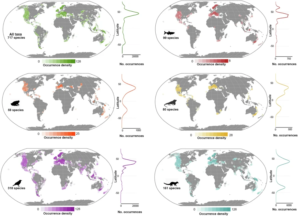 Distribución de los vertebrados exóticos en montañas del mundo.